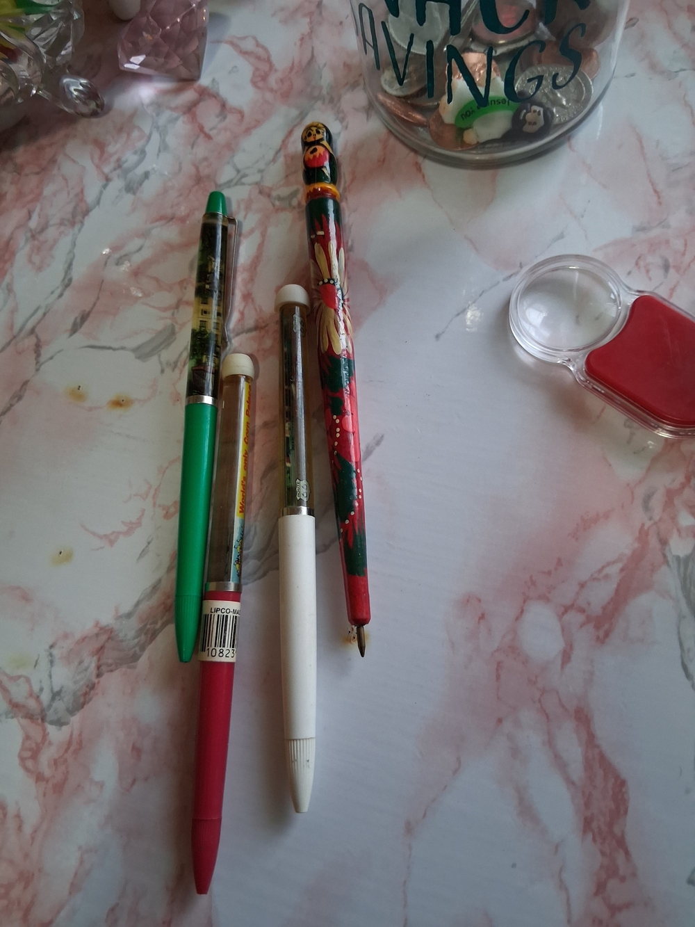Floating Vintage Set of Colorful Decorative Pens - Red, Green, White, Pink